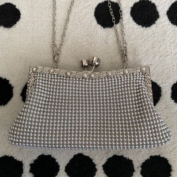 Silver Beaded Rhinestone Clutch Chain Shoulder Strap Bag Small Evening Handbag - Picture 2 of 15